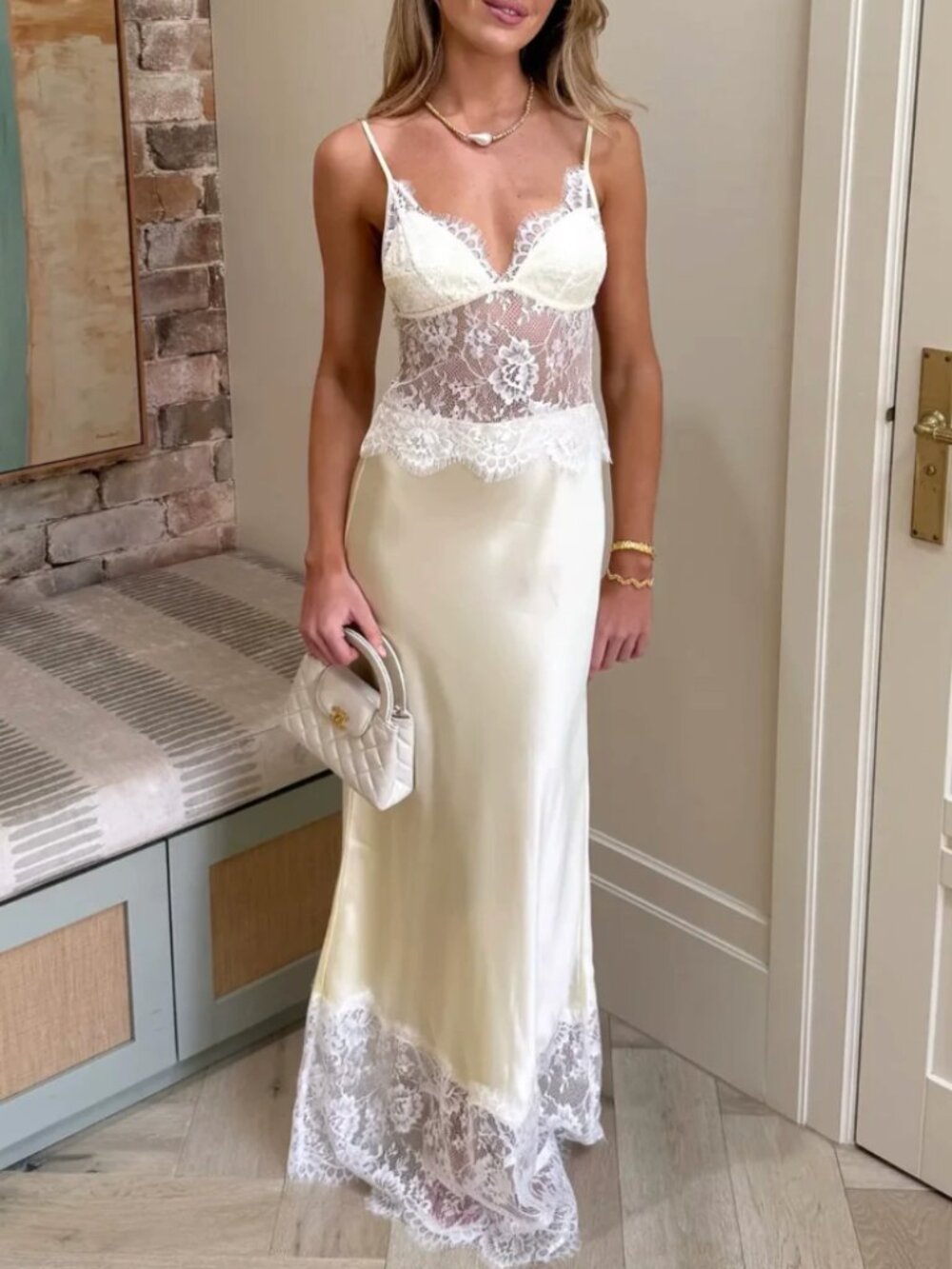 BEST Sneaky Link Lilah Maxi Dress Small Lemon Lace Satin Cocktail Party